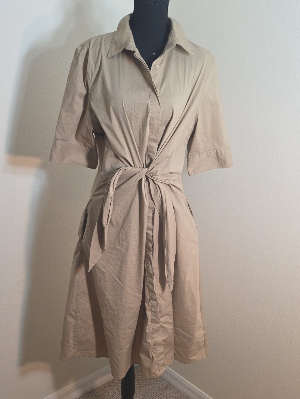 Ralph Lauren Taupe Beige Button-Front Tie-Waist Midi Dress